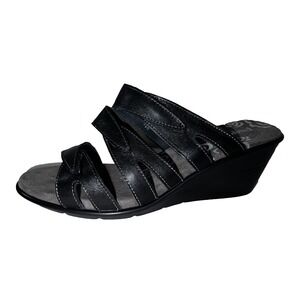 Propet Womens Black Leather Wedge Slide Sandals Floral Footbed Mules Sz 11 X(2E)